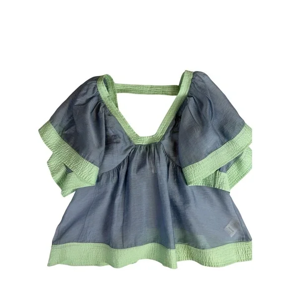 Anthropologie Women's Light Blue & Green Colorblock Babydoll Top Size M - Picture 5 of 9